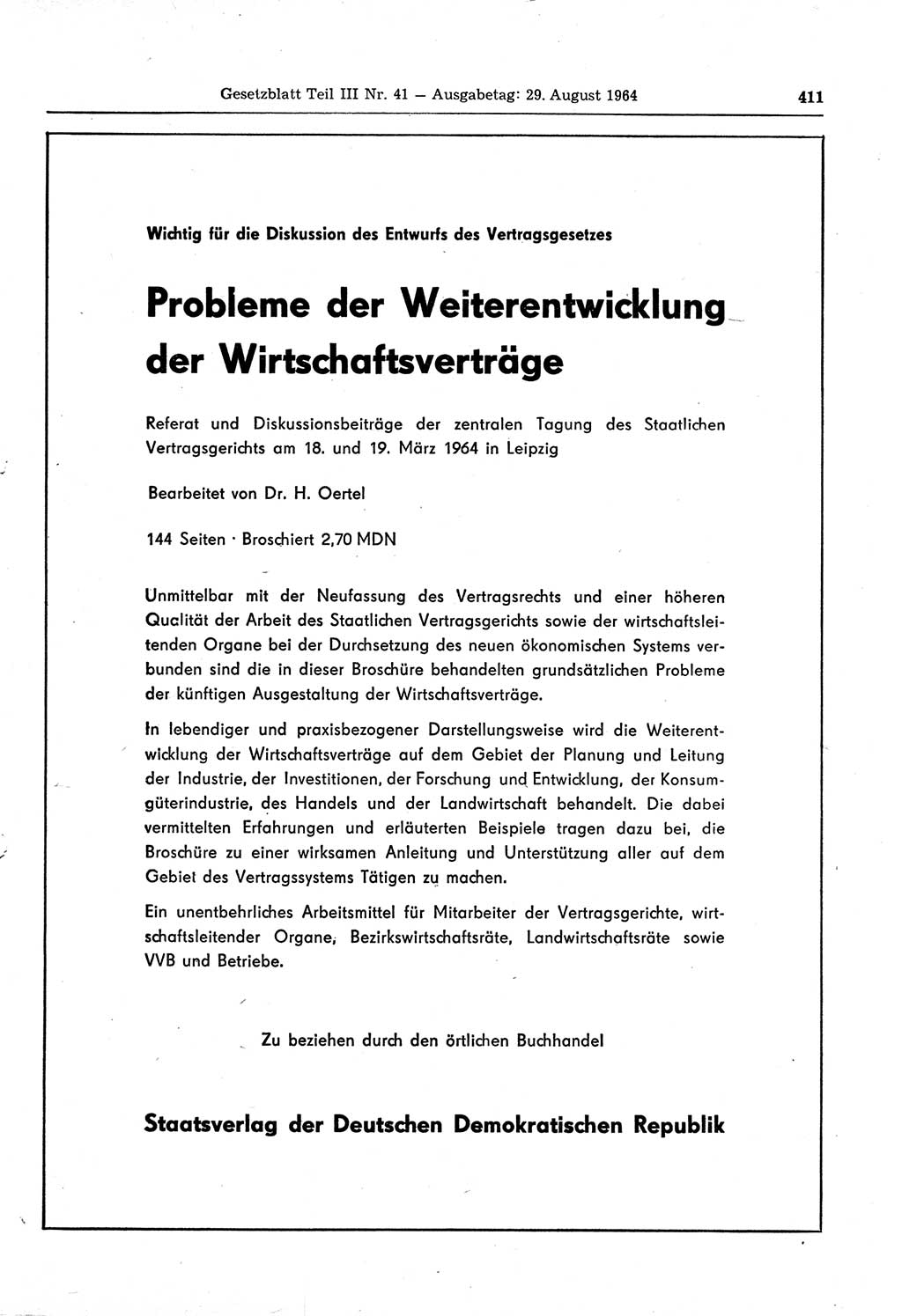 Gesetzblatt (GBl.) der Deutschen Demokratischen Republik (DDR) Teil ⅠⅠⅠ 1964, Seite 411 (GBl. DDR ⅠⅠⅠ 1964, S. 411)
