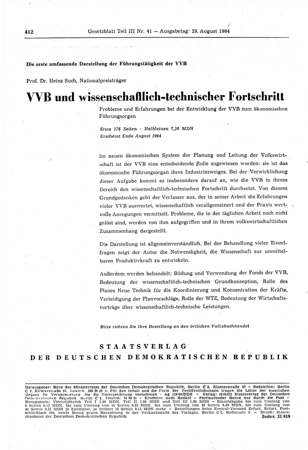 Gesetzblatt (GBl.) der Deutschen Demokratischen Republik (DDR) Teil ⅠⅠⅠ 1964, Seite 412 (GBl. DDR ⅠⅠⅠ 1964, S. 412)