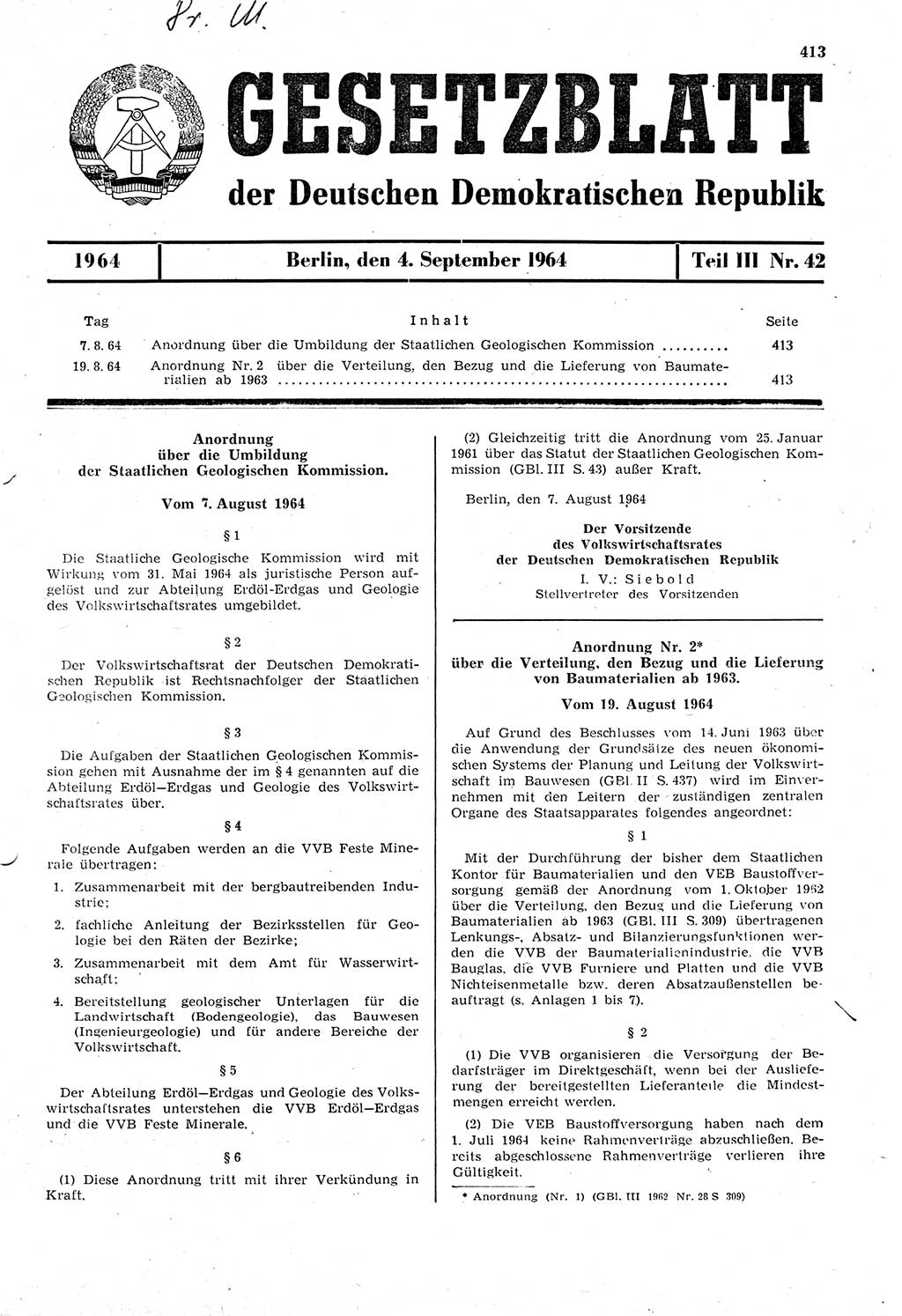 Gesetzblatt (GBl.) der Deutschen Demokratischen Republik (DDR) Teil ⅠⅠⅠ 1964, Seite 413 (GBl. DDR ⅠⅠⅠ 1964, S. 413)