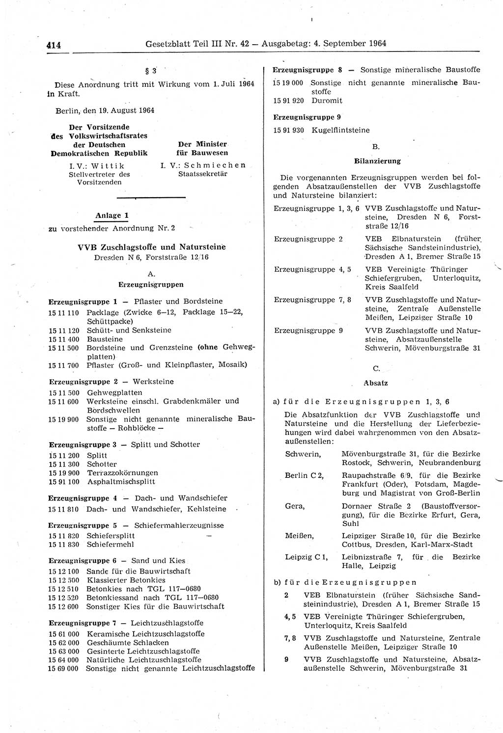 Gesetzblatt (GBl.) der Deutschen Demokratischen Republik (DDR) Teil ⅠⅠⅠ 1964, Seite 414 (GBl. DDR ⅠⅠⅠ 1964, S. 414)