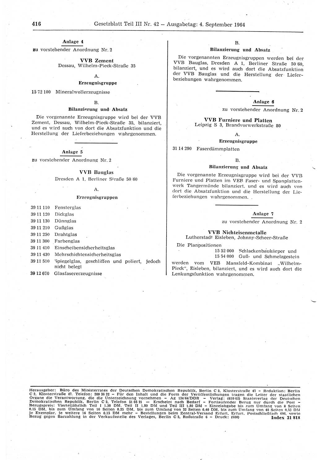 Gesetzblatt (GBl.) der Deutschen Demokratischen Republik (DDR) Teil ⅠⅠⅠ 1964, Seite 416 (GBl. DDR ⅠⅠⅠ 1964, S. 416)