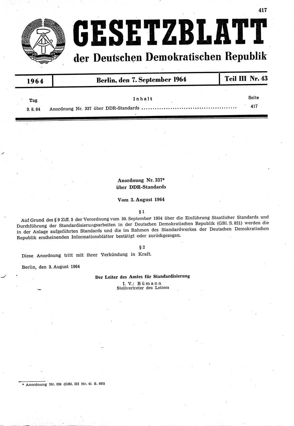Gesetzblatt (GBl.) der Deutschen Demokratischen Republik (DDR) Teil ⅠⅠⅠ 1964, Seite 417 (GBl. DDR ⅠⅠⅠ 1964, S. 417)