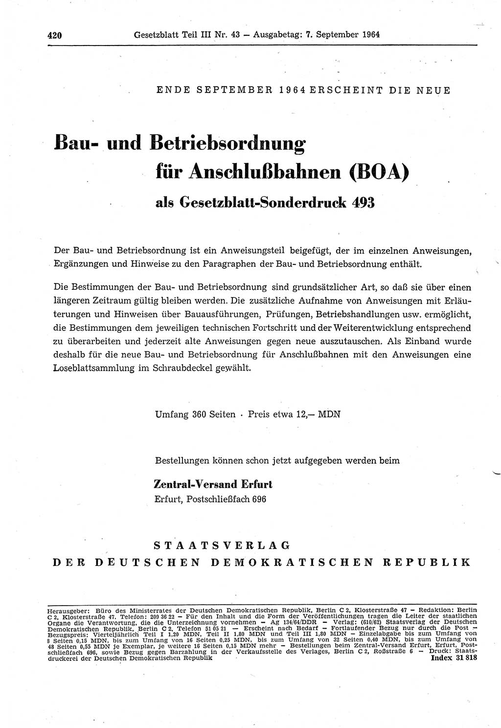 Gesetzblatt (GBl.) der Deutschen Demokratischen Republik (DDR) Teil ⅠⅠⅠ 1964, Seite 420 (GBl. DDR ⅠⅠⅠ 1964, S. 420)