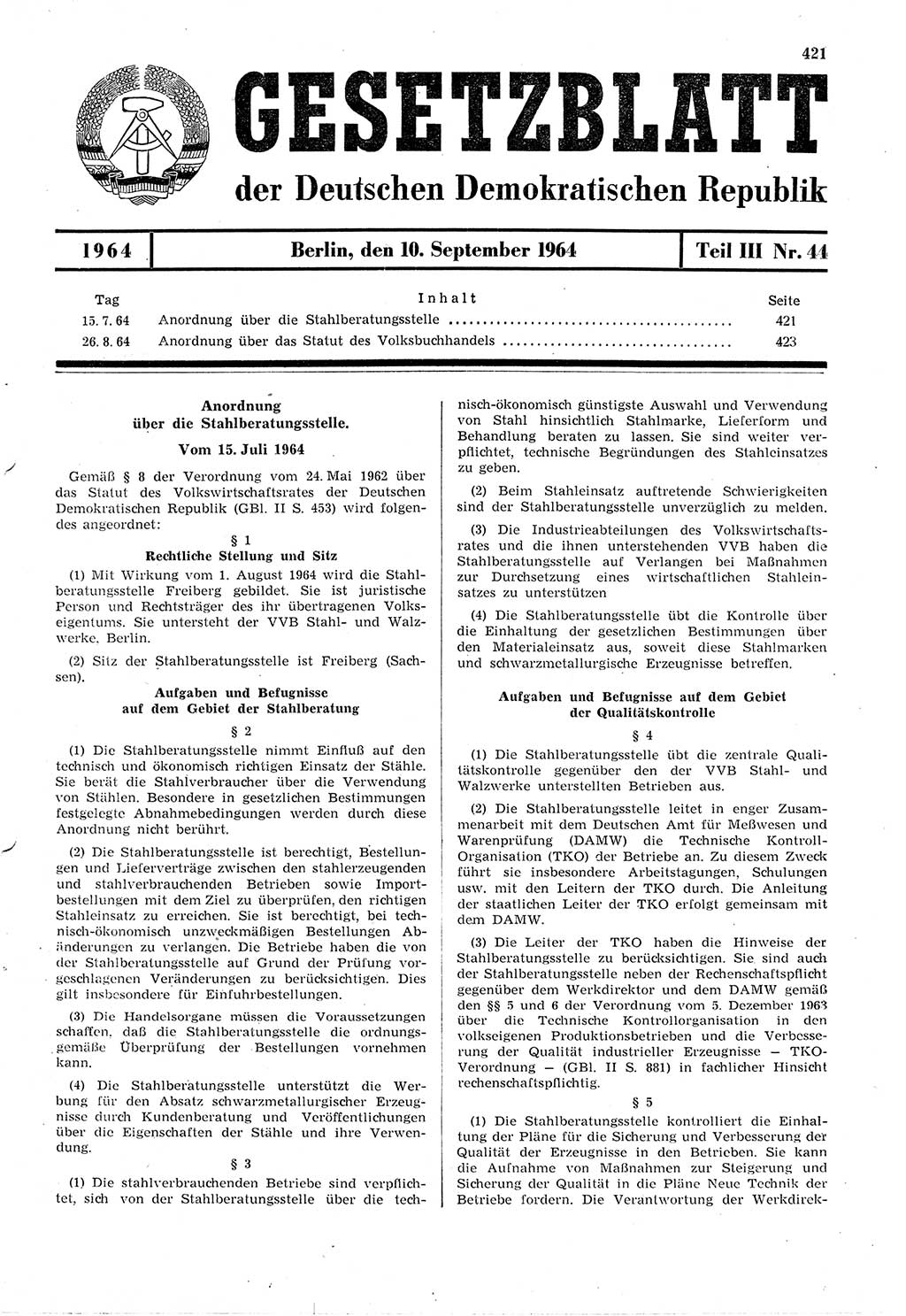 Gesetzblatt (GBl.) der Deutschen Demokratischen Republik (DDR) Teil ⅠⅠⅠ 1964, Seite 421 (GBl. DDR ⅠⅠⅠ 1964, S. 421)