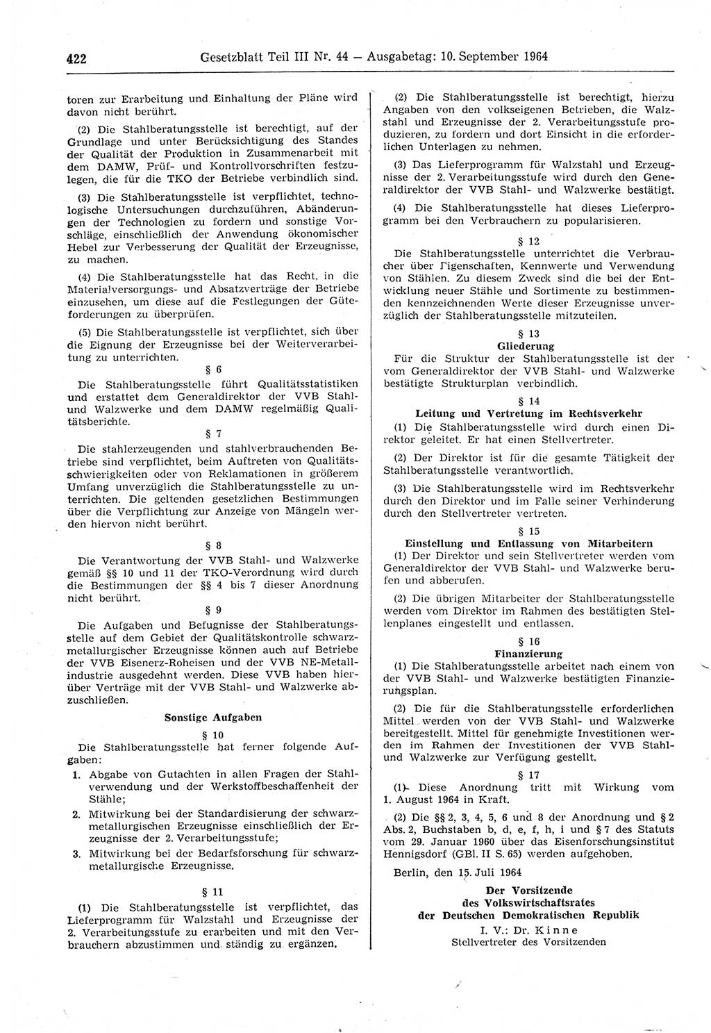 Gesetzblatt (GBl.) der Deutschen Demokratischen Republik (DDR) Teil ⅠⅠⅠ 1964, Seite 422 (GBl. DDR ⅠⅠⅠ 1964, S. 422)