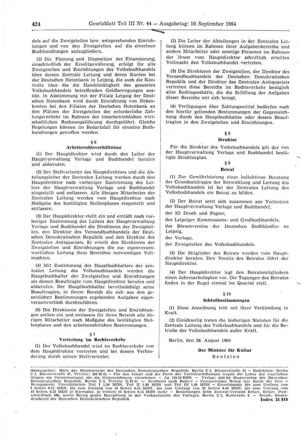Gesetzblatt (GBl.) der Deutschen Demokratischen Republik (DDR) Teil ⅠⅠⅠ 1964, Seite 424 (GBl. DDR ⅠⅠⅠ 1964, S. 424)