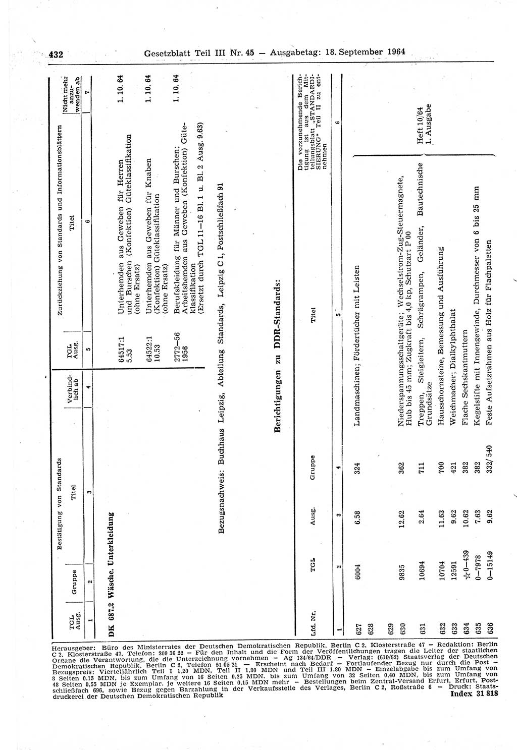 Gesetzblatt (GBl.) der Deutschen Demokratischen Republik (DDR) Teil ⅠⅠⅠ 1964, Seite 432 (GBl. DDR ⅠⅠⅠ 1964, S. 432)