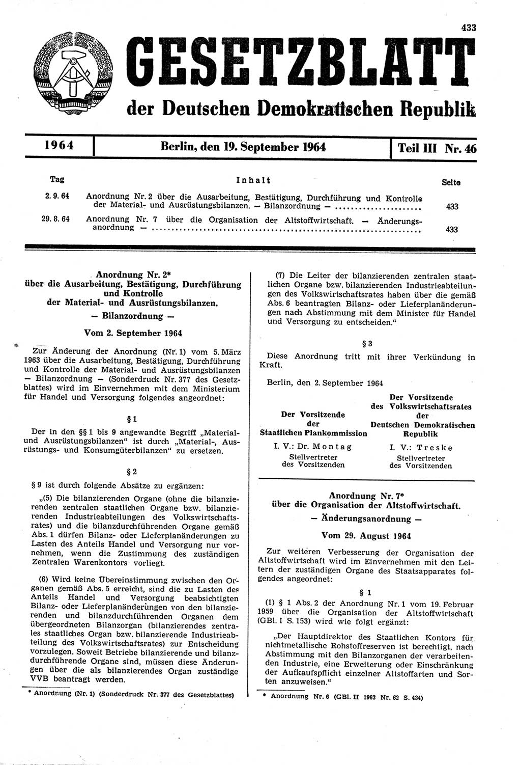 Gesetzblatt (GBl.) der Deutschen Demokratischen Republik (DDR) Teil ⅠⅠⅠ 1964, Seite 433 (GBl. DDR ⅠⅠⅠ 1964, S. 433)