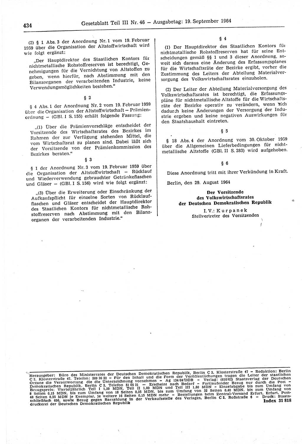 Gesetzblatt (GBl.) der Deutschen Demokratischen Republik (DDR) Teil ⅠⅠⅠ 1964, Seite 434 (GBl. DDR ⅠⅠⅠ 1964, S. 434)