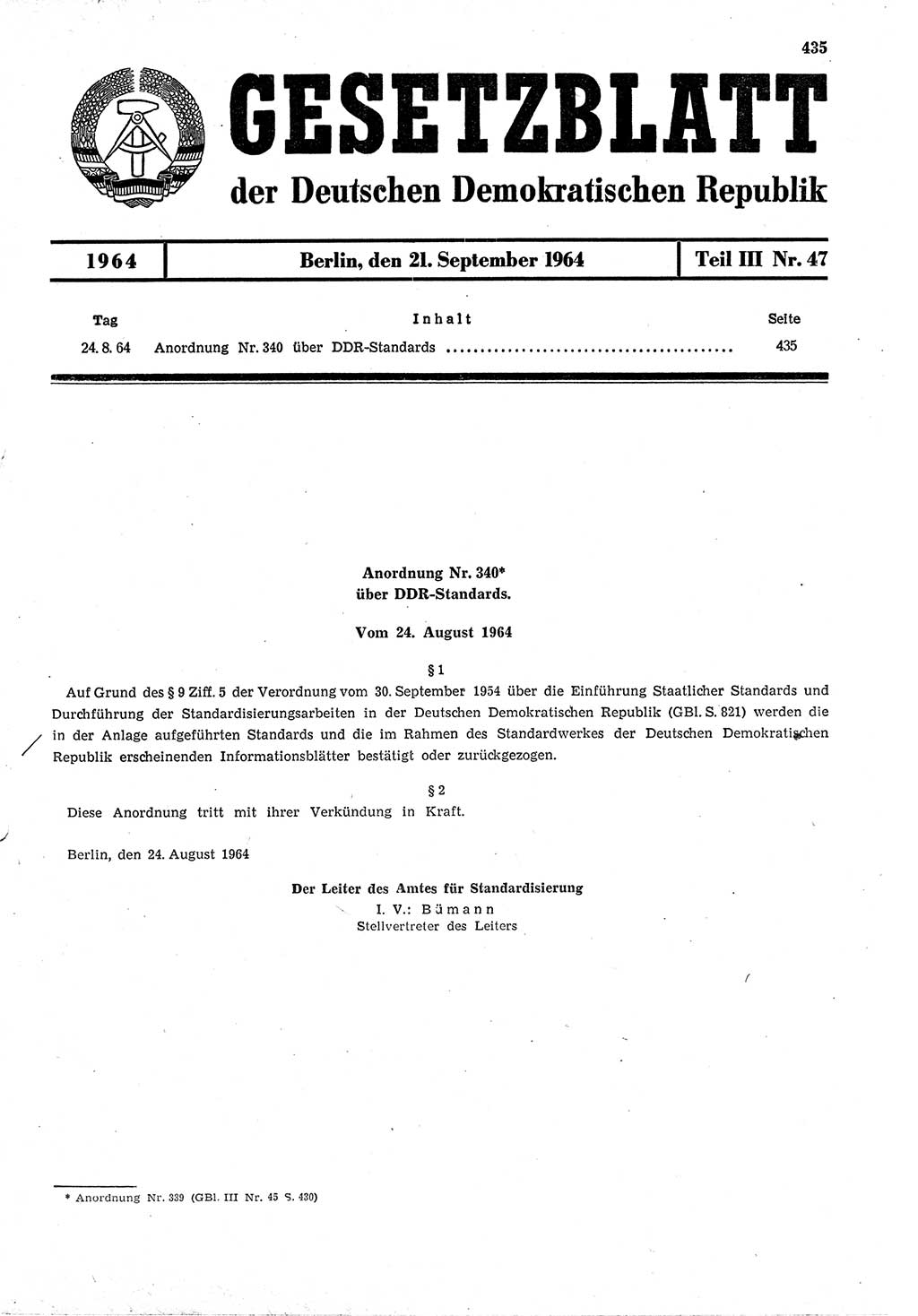 Gesetzblatt (GBl.) der Deutschen Demokratischen Republik (DDR) Teil ⅠⅠⅠ 1964, Seite 435 (GBl. DDR ⅠⅠⅠ 1964, S. 435)
