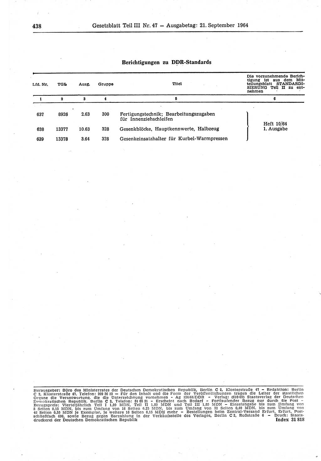 Gesetzblatt (GBl.) der Deutschen Demokratischen Republik (DDR) Teil ⅠⅠⅠ 1964, Seite 438 (GBl. DDR ⅠⅠⅠ 1964, S. 438)
