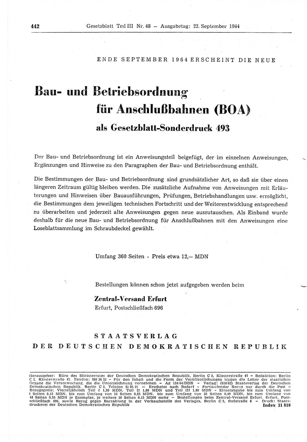 Gesetzblatt (GBl.) der Deutschen Demokratischen Republik (DDR) Teil ⅠⅠⅠ 1964, Seite 442 (GBl. DDR ⅠⅠⅠ 1964, S. 442)