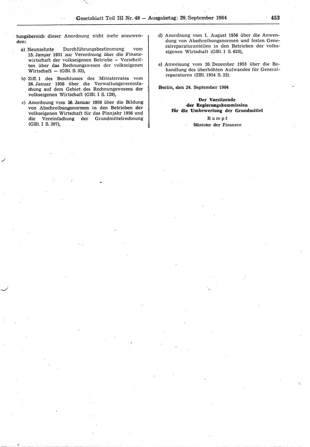 Gesetzblatt (GBl.) der Deutschen Demokratischen Republik (DDR) Teil ⅠⅠⅠ 1964, Seite 453 (GBl. DDR ⅠⅠⅠ 1964, S. 453)