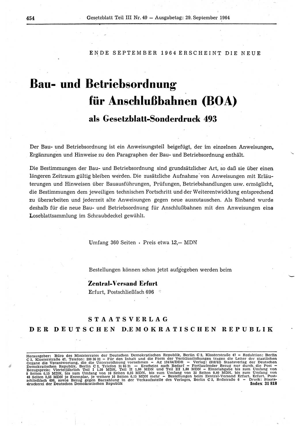 Gesetzblatt (GBl.) der Deutschen Demokratischen Republik (DDR) Teil ⅠⅠⅠ 1964, Seite 454 (GBl. DDR ⅠⅠⅠ 1964, S. 454)