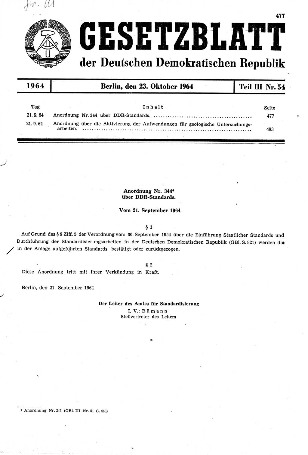 Gesetzblatt (GBl.) der Deutschen Demokratischen Republik (DDR) Teil ⅠⅠⅠ 1964, Seite 477 (GBl. DDR ⅠⅠⅠ 1964, S. 477)
