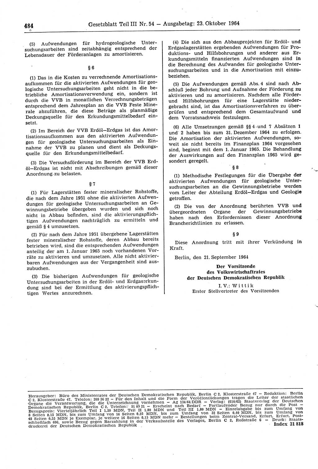 Gesetzblatt (GBl.) der Deutschen Demokratischen Republik (DDR) Teil ⅠⅠⅠ 1964, Seite 484 (GBl. DDR ⅠⅠⅠ 1964, S. 484)