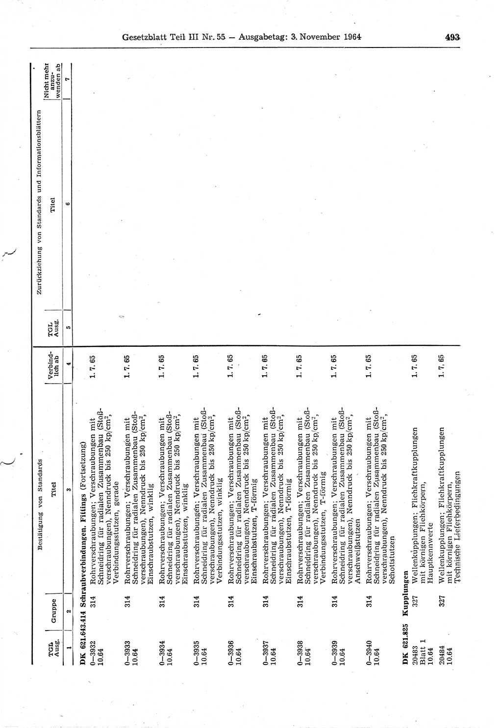 Gesetzblatt (GBl.) der Deutschen Demokratischen Republik (DDR) Teil ⅠⅠⅠ 1964, Seite 493 (GBl. DDR ⅠⅠⅠ 1964, S. 493)