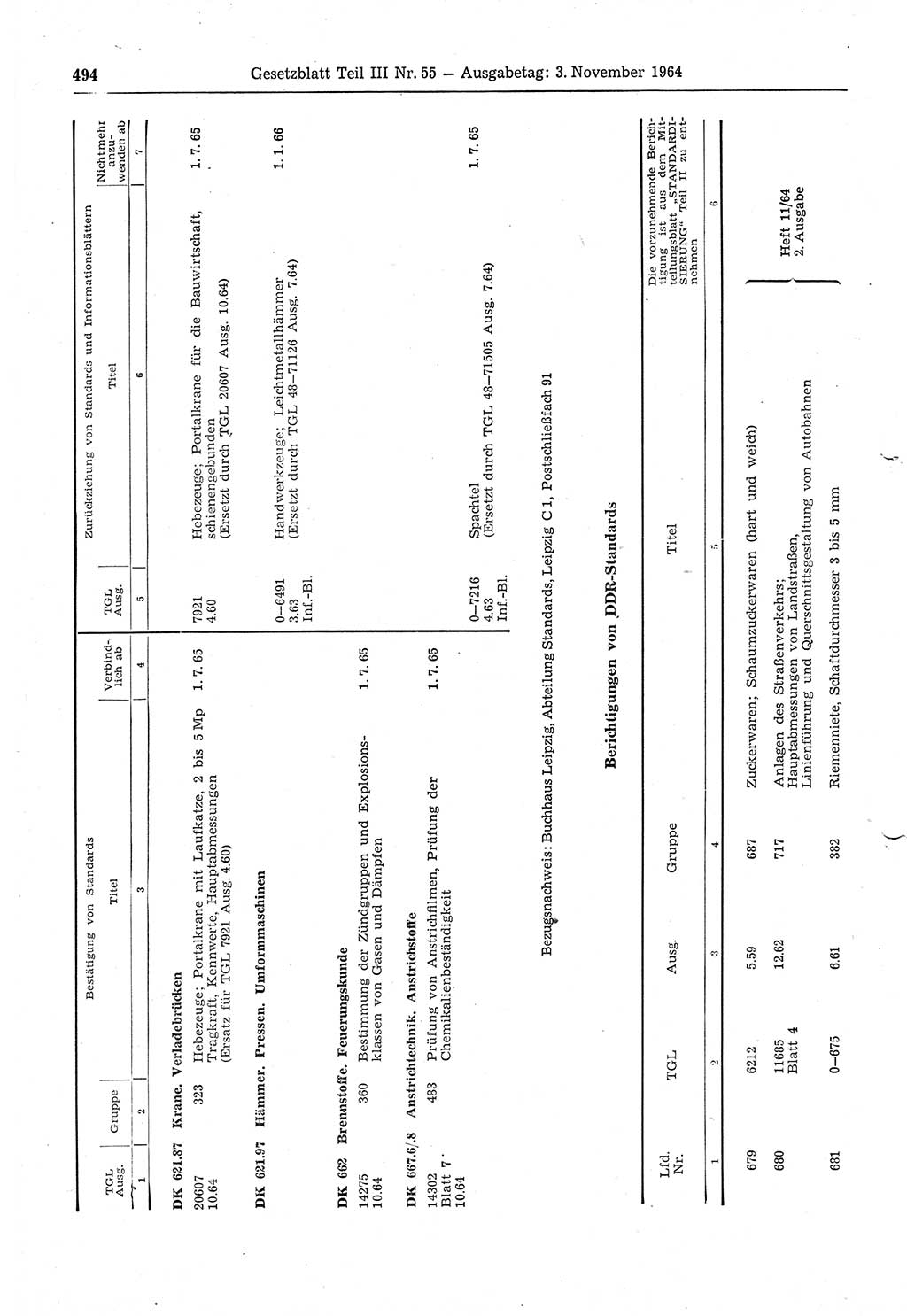 Gesetzblatt (GBl.) der Deutschen Demokratischen Republik (DDR) Teil ⅠⅠⅠ 1964, Seite 494 (GBl. DDR ⅠⅠⅠ 1964, S. 494)