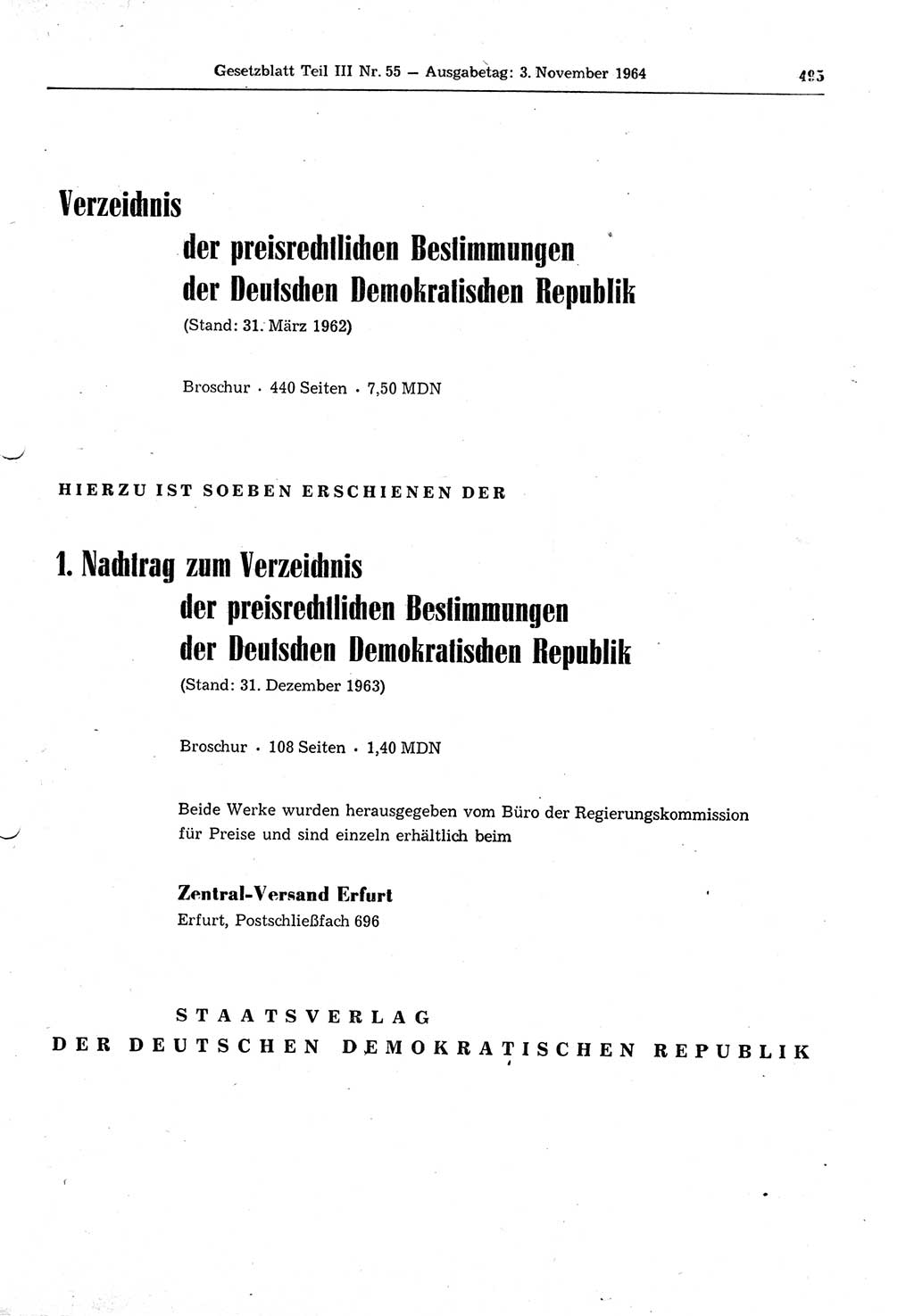 Gesetzblatt (GBl.) der Deutschen Demokratischen Republik (DDR) Teil ⅠⅠⅠ 1964, Seite 495 (GBl. DDR ⅠⅠⅠ 1964, S. 495)
