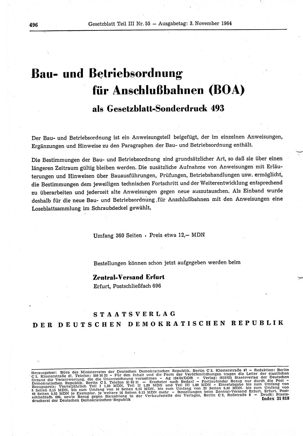 Gesetzblatt (GBl.) der Deutschen Demokratischen Republik (DDR) Teil ⅠⅠⅠ 1964, Seite 496 (GBl. DDR ⅠⅠⅠ 1964, S. 496)