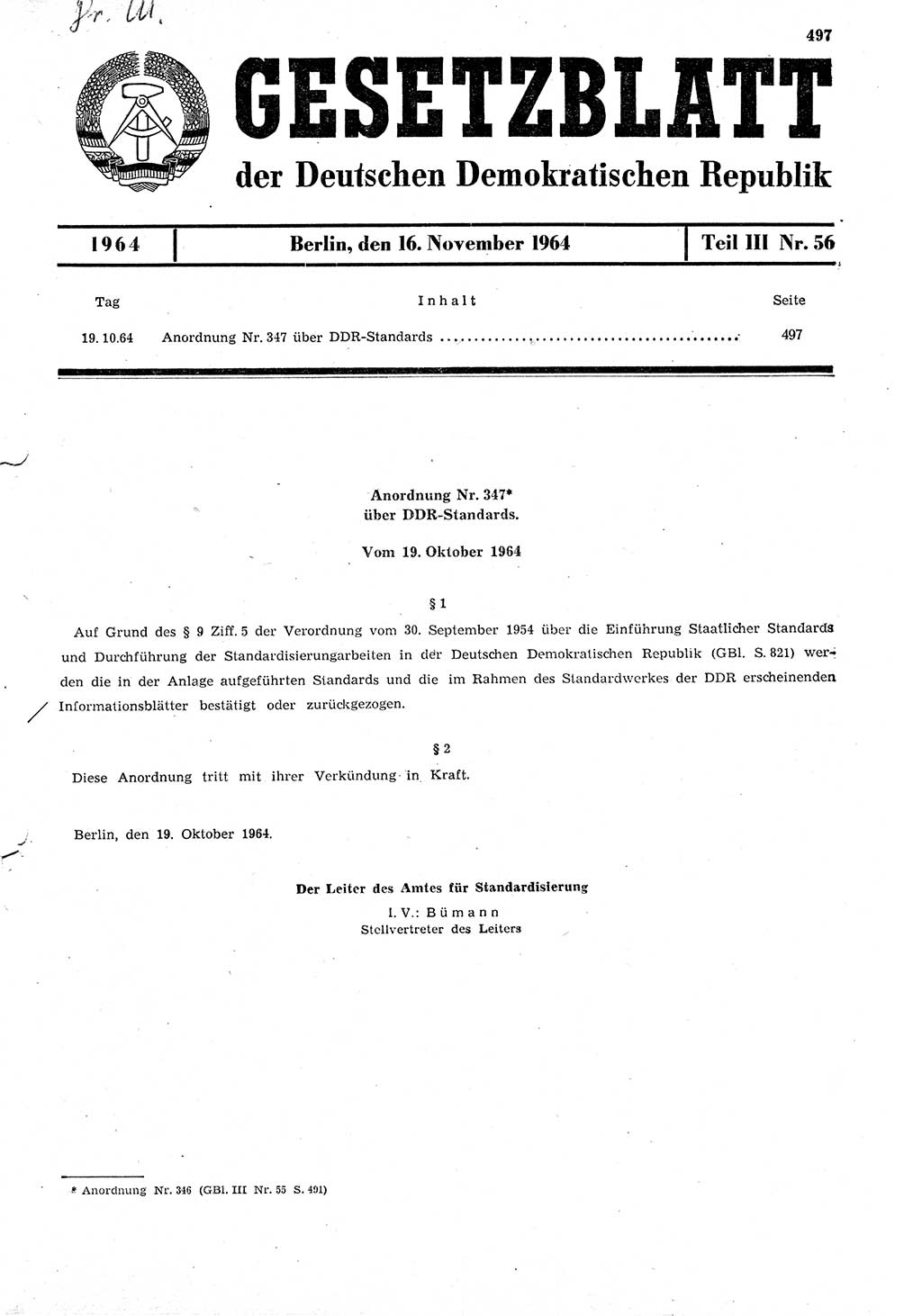 Gesetzblatt (GBl.) der Deutschen Demokratischen Republik (DDR) Teil ⅠⅠⅠ 1964, Seite 497 (GBl. DDR ⅠⅠⅠ 1964, S. 497)