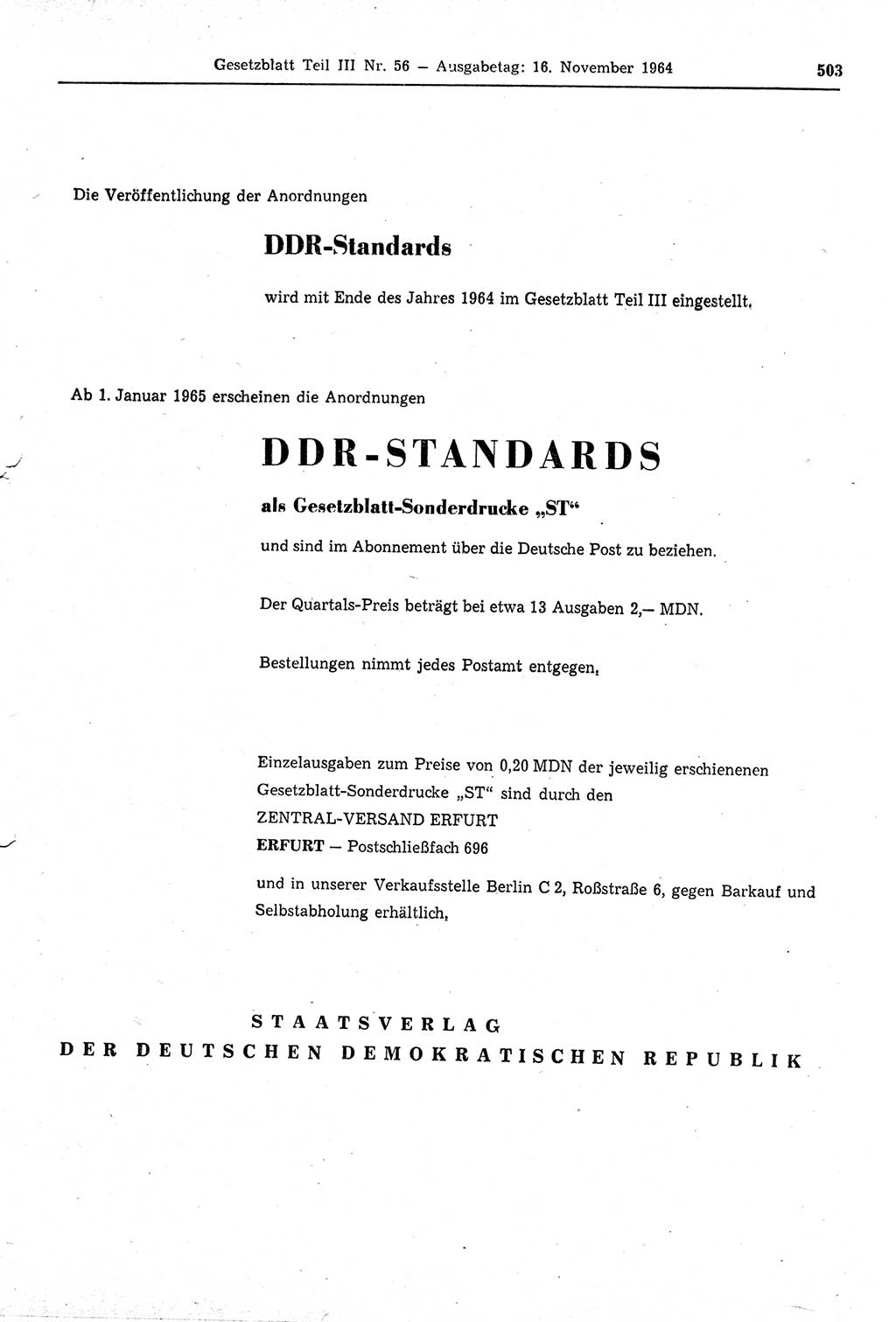 Gesetzblatt (GBl.) der Deutschen Demokratischen Republik (DDR) Teil ⅠⅠⅠ 1964, Seite 503 (GBl. DDR ⅠⅠⅠ 1964, S. 503)