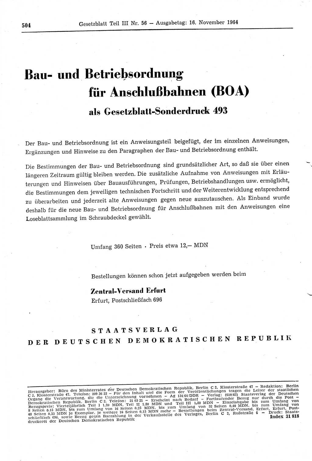 Gesetzblatt (GBl.) der Deutschen Demokratischen Republik (DDR) Teil ⅠⅠⅠ 1964, Seite 504 (GBl. DDR ⅠⅠⅠ 1964, S. 504)