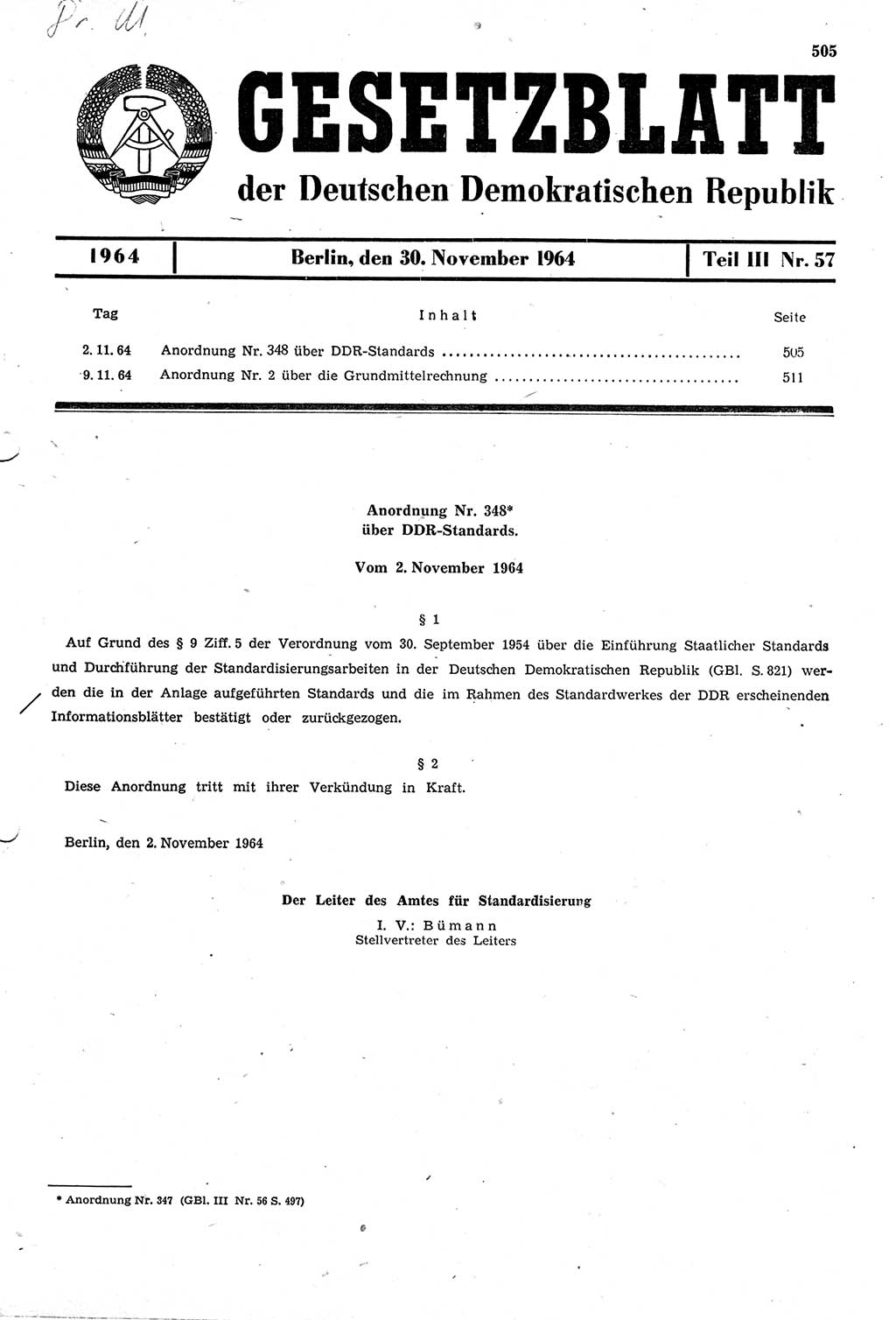 Gesetzblatt (GBl.) der Deutschen Demokratischen Republik (DDR) Teil ⅠⅠⅠ 1964, Seite 505 (GBl. DDR ⅠⅠⅠ 1964, S. 505)