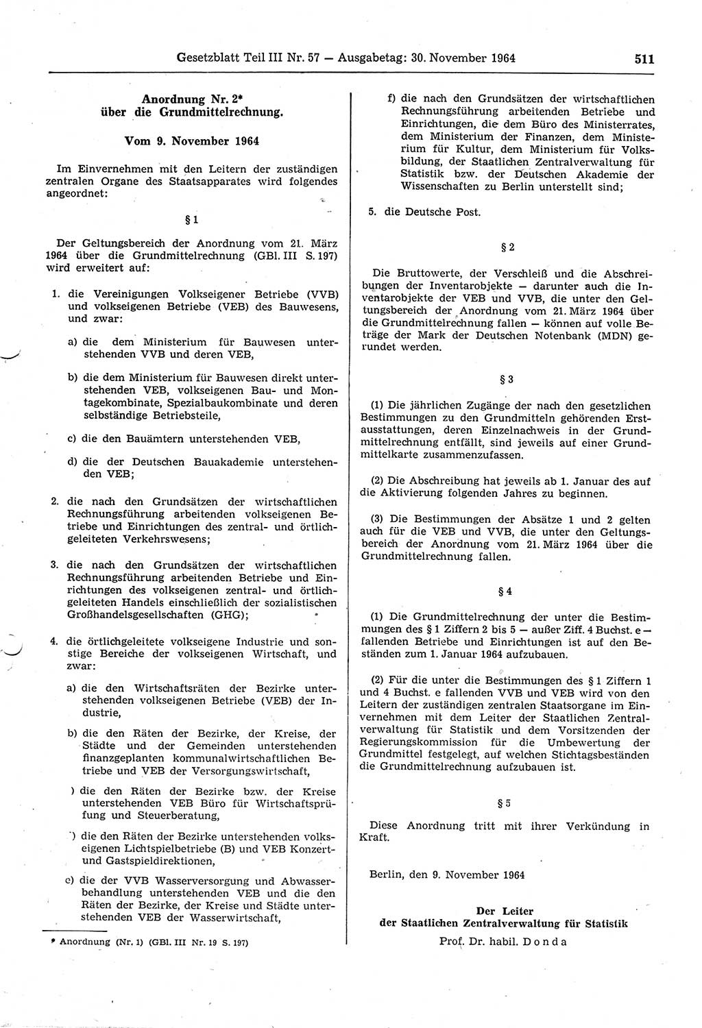 Gesetzblatt (GBl.) der Deutschen Demokratischen Republik (DDR) Teil ⅠⅠⅠ 1964, Seite 511 (GBl. DDR ⅠⅠⅠ 1964, S. 511)