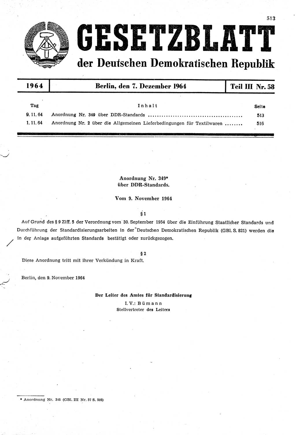 Gesetzblatt (GBl.) der Deutschen Demokratischen Republik (DDR) Teil ⅠⅠⅠ 1964, Seite 513 (GBl. DDR ⅠⅠⅠ 1964, S. 513)