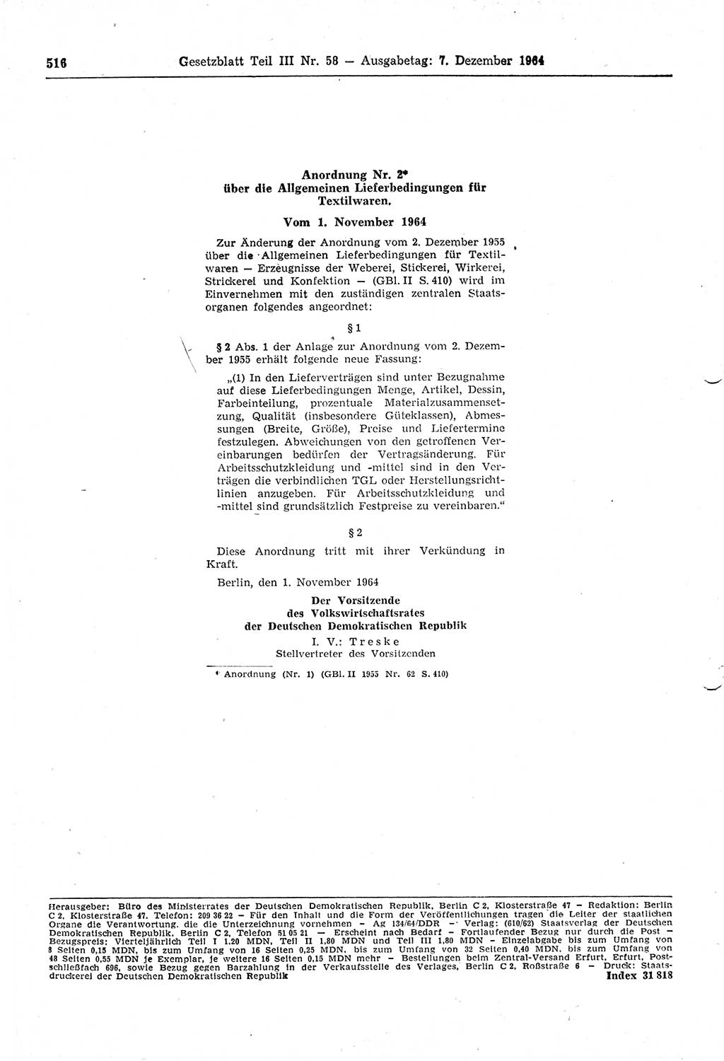 Gesetzblatt (GBl.) der Deutschen Demokratischen Republik (DDR) Teil ⅠⅠⅠ 1964, Seite 516 (GBl. DDR ⅠⅠⅠ 1964, S. 516)
