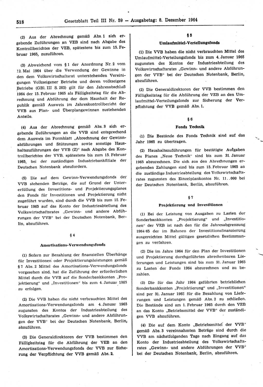 Gesetzblatt (GBl.) der Deutschen Demokratischen Republik (DDR) Teil ⅠⅠⅠ 1964, Seite 518 (GBl. DDR ⅠⅠⅠ 1964, S. 518)