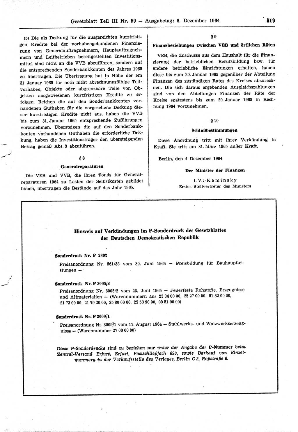 Gesetzblatt (GBl.) der Deutschen Demokratischen Republik (DDR) Teil ⅠⅠⅠ 1964, Seite 519 (GBl. DDR ⅠⅠⅠ 1964, S. 519)
