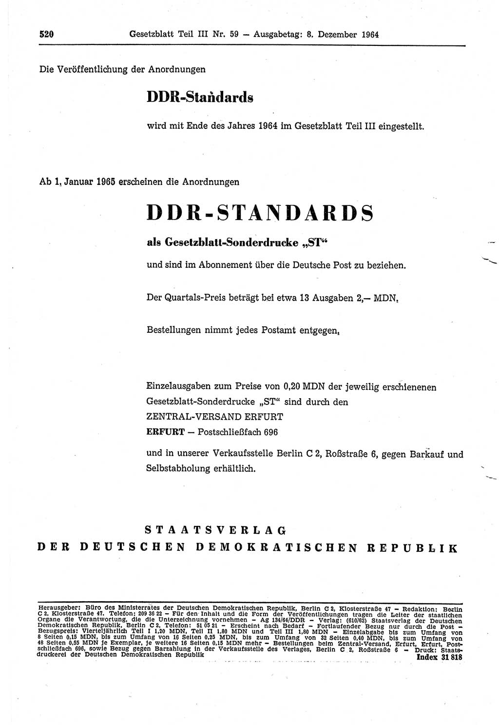 Gesetzblatt (GBl.) der Deutschen Demokratischen Republik (DDR) Teil ⅠⅠⅠ 1964, Seite 520 (GBl. DDR ⅠⅠⅠ 1964, S. 520)