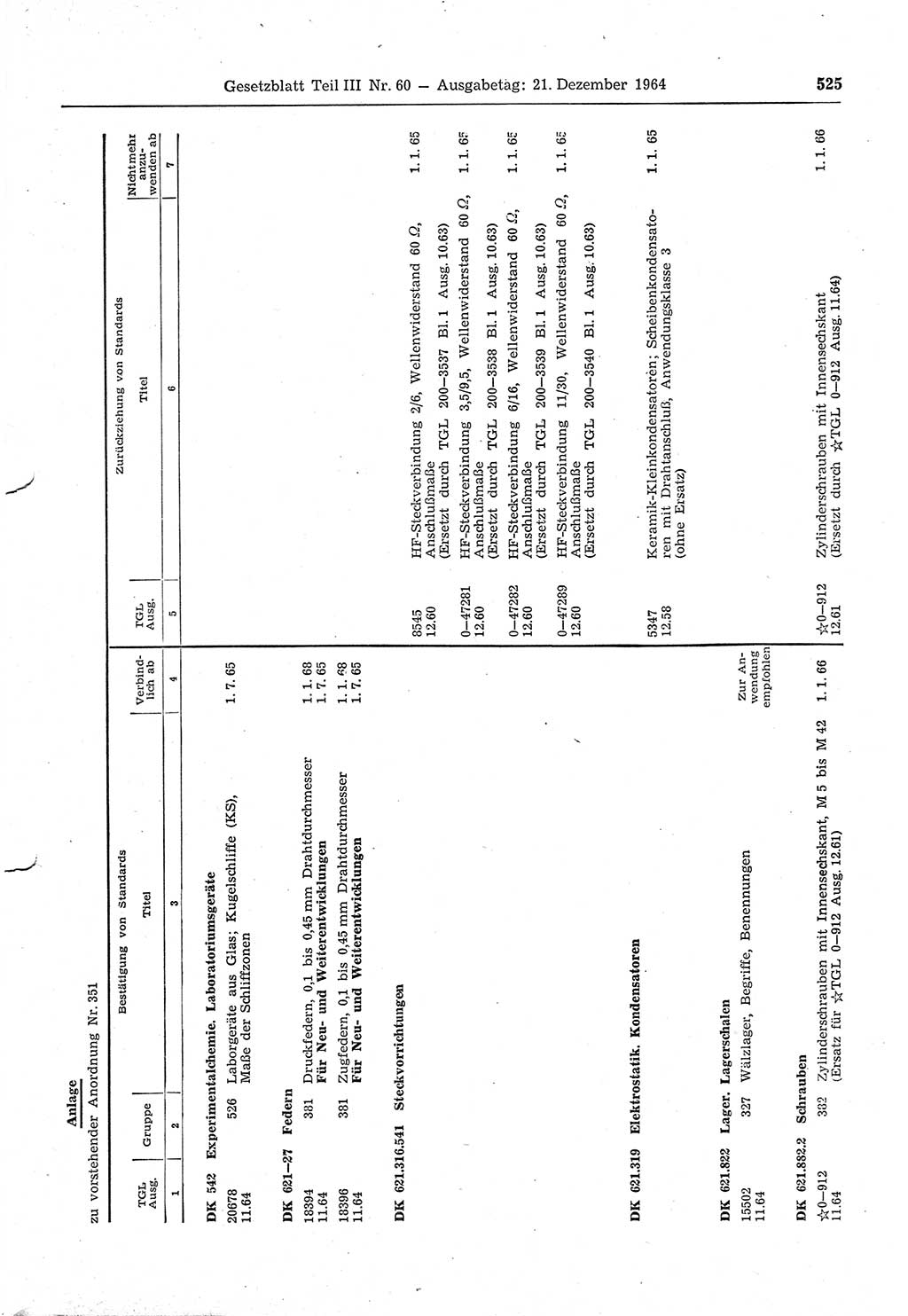 Gesetzblatt (GBl.) der Deutschen Demokratischen Republik (DDR) Teil ⅠⅠⅠ 1964, Seite 525 (GBl. DDR ⅠⅠⅠ 1964, S. 525)