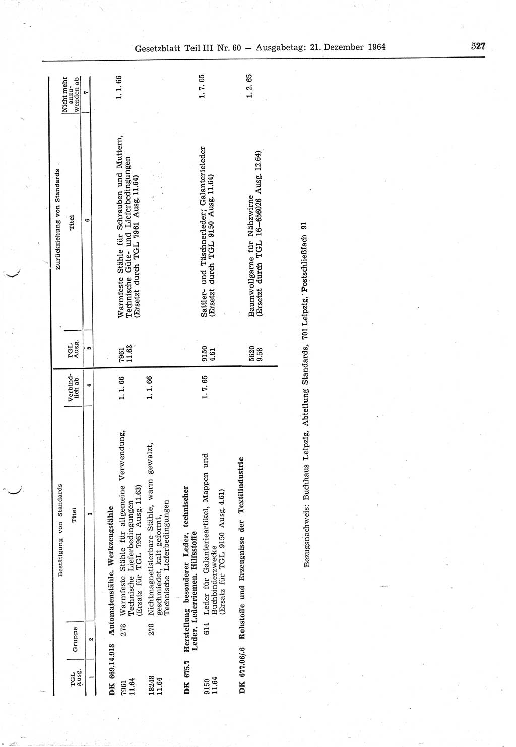 Gesetzblatt (GBl.) der Deutschen Demokratischen Republik (DDR) Teil ⅠⅠⅠ 1964, Seite 527 (GBl. DDR ⅠⅠⅠ 1964, S. 527)