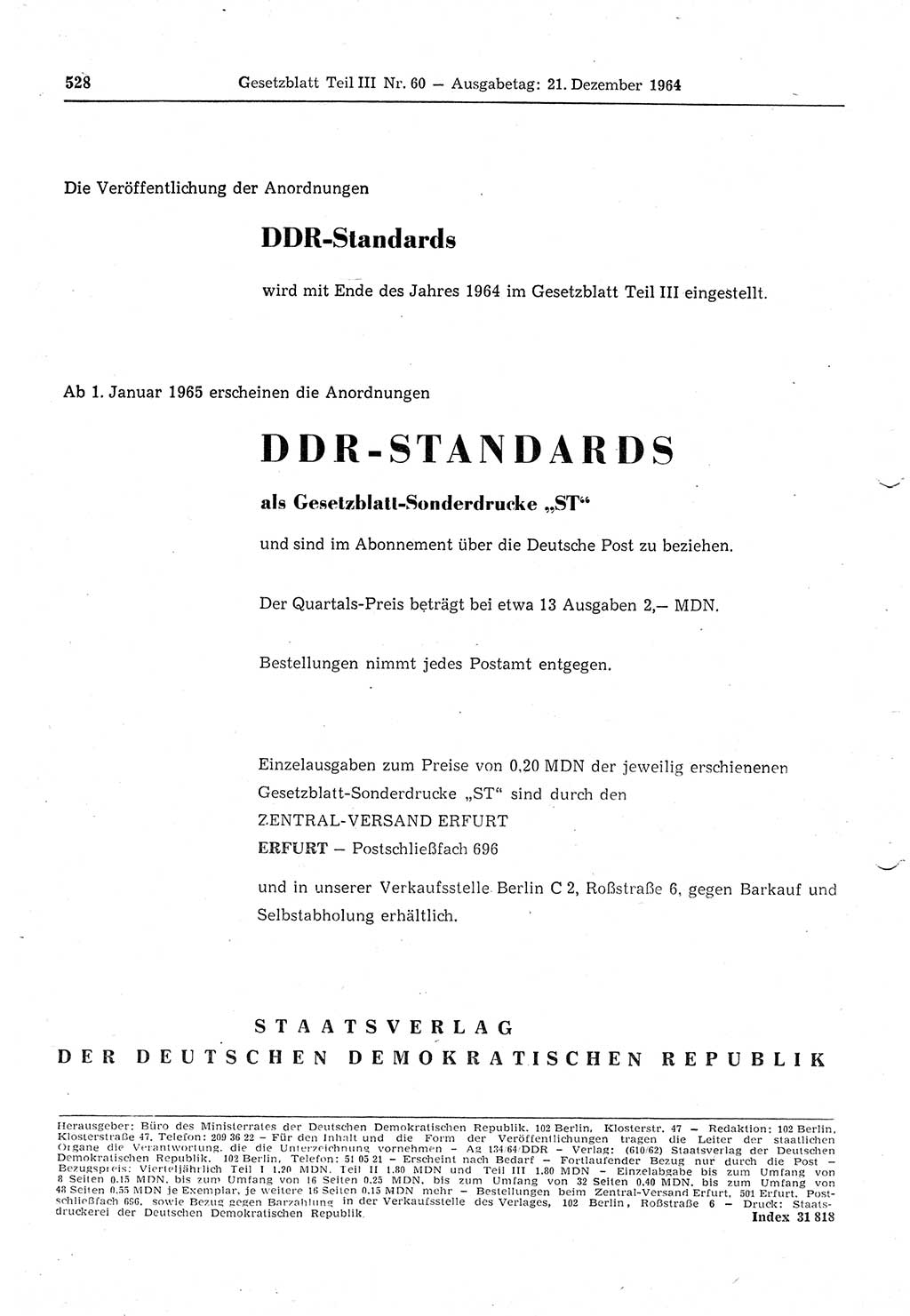 Gesetzblatt (GBl.) der Deutschen Demokratischen Republik (DDR) Teil ⅠⅠⅠ 1964, Seite 528 (GBl. DDR ⅠⅠⅠ 1964, S. 528)