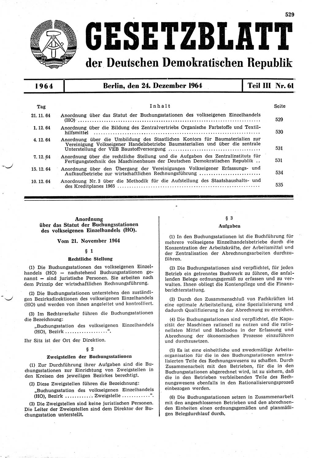 Gesetzblatt (GBl.) der Deutschen Demokratischen Republik (DDR) Teil ⅠⅠⅠ 1964, Seite 529 (GBl. DDR ⅠⅠⅠ 1964, S. 529)