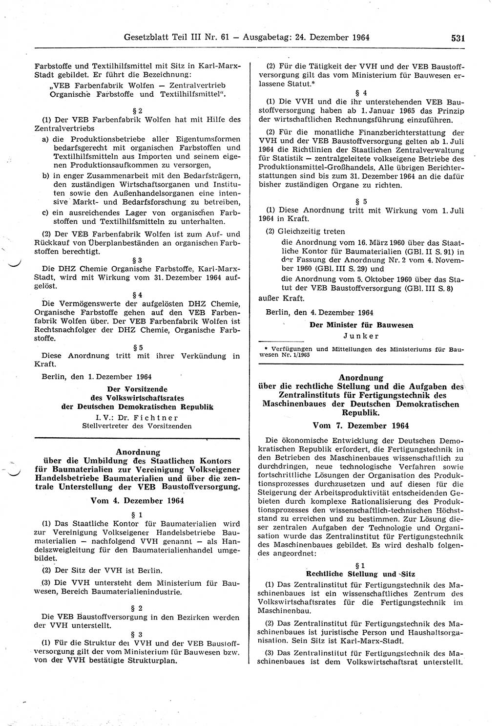 Gesetzblatt (GBl.) der Deutschen Demokratischen Republik (DDR) Teil ⅠⅠⅠ 1964, Seite 531 (GBl. DDR ⅠⅠⅠ 1964, S. 531)