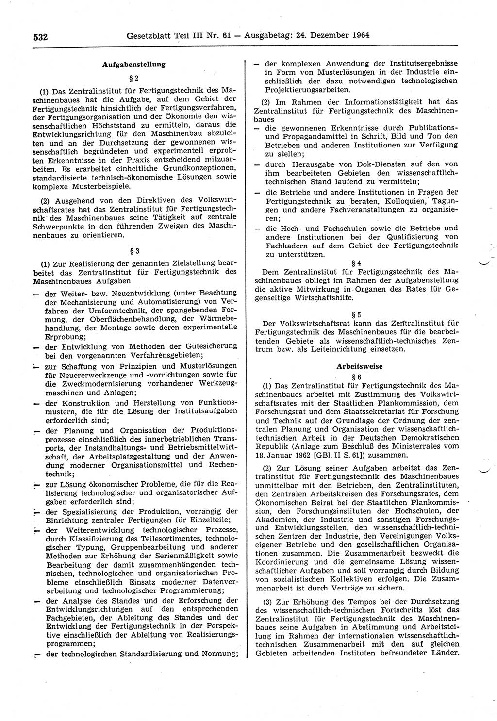 Gesetzblatt (GBl.) der Deutschen Demokratischen Republik (DDR) Teil ⅠⅠⅠ 1964, Seite 532 (GBl. DDR ⅠⅠⅠ 1964, S. 532)