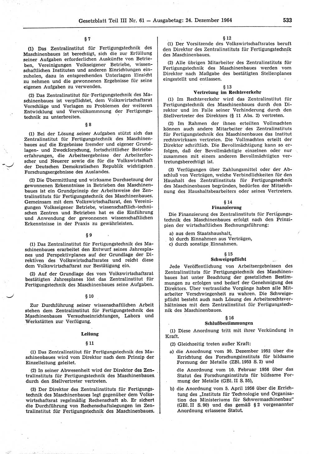 Gesetzblatt (GBl.) der Deutschen Demokratischen Republik (DDR) Teil ⅠⅠⅠ 1964, Seite 533 (GBl. DDR ⅠⅠⅠ 1964, S. 533)