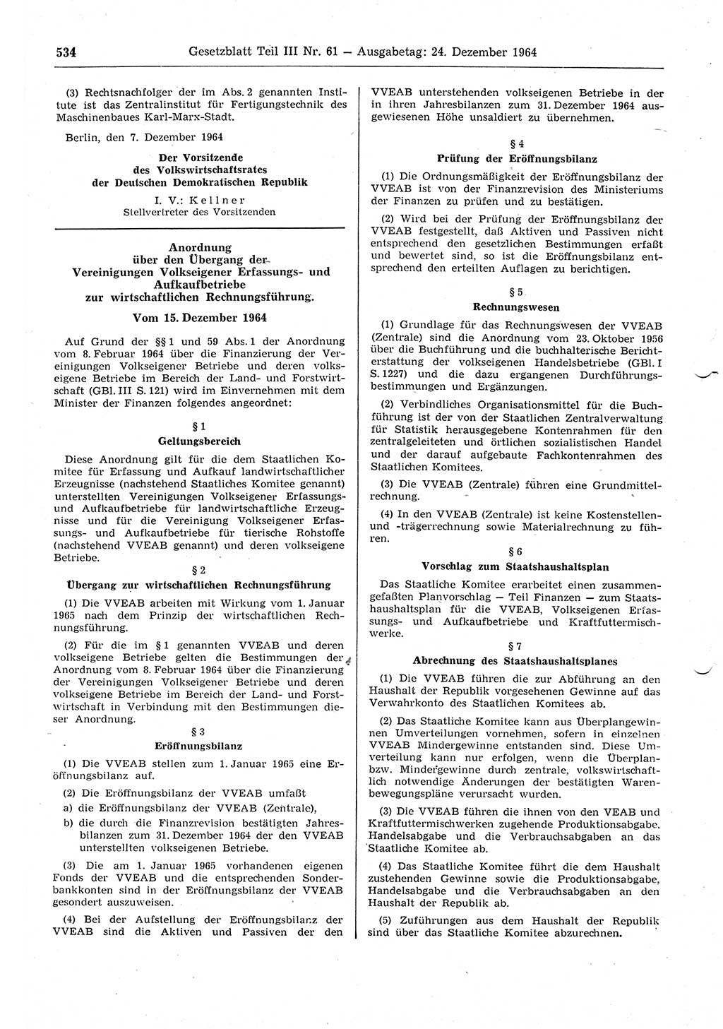 Gesetzblatt (GBl.) der Deutschen Demokratischen Republik (DDR) Teil ⅠⅠⅠ 1964, Seite 534 (GBl. DDR ⅠⅠⅠ 1964, S. 534)