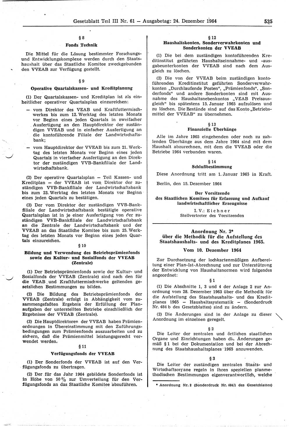 Gesetzblatt (GBl.) der Deutschen Demokratischen Republik (DDR) Teil ⅠⅠⅠ 1964, Seite 535 (GBl. DDR ⅠⅠⅠ 1964, S. 535)