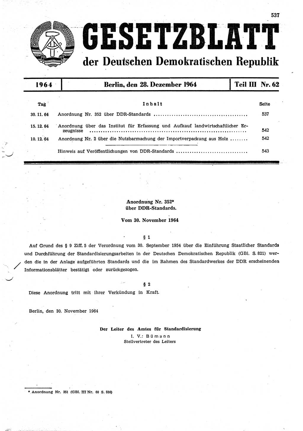 Gesetzblatt (GBl.) der Deutschen Demokratischen Republik (DDR) Teil ⅠⅠⅠ 1964, Seite 537 (GBl. DDR ⅠⅠⅠ 1964, S. 537)