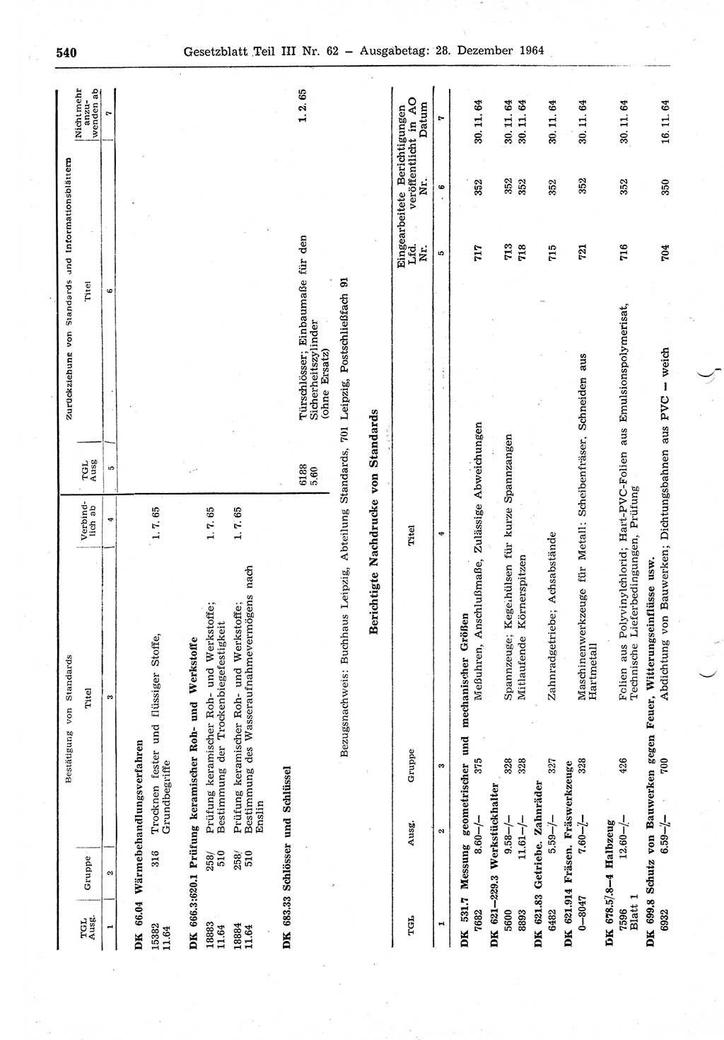 Gesetzblatt (GBl.) der Deutschen Demokratischen Republik (DDR) Teil ⅠⅠⅠ 1964, Seite 540 (GBl. DDR ⅠⅠⅠ 1964, S. 540)