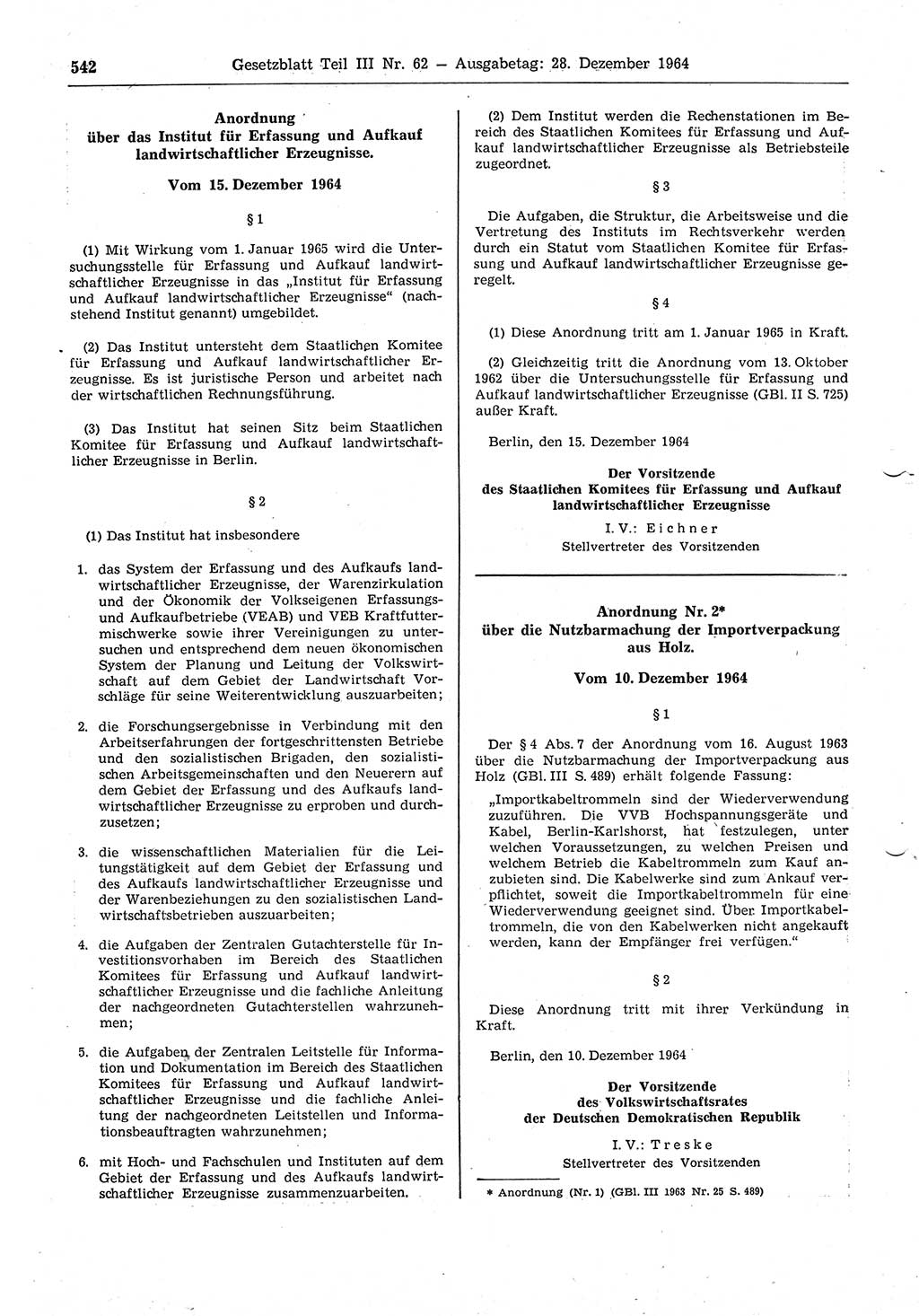 Gesetzblatt (GBl.) der Deutschen Demokratischen Republik (DDR) Teil ⅠⅠⅠ 1964, Seite 542 (GBl. DDR ⅠⅠⅠ 1964, S. 542)