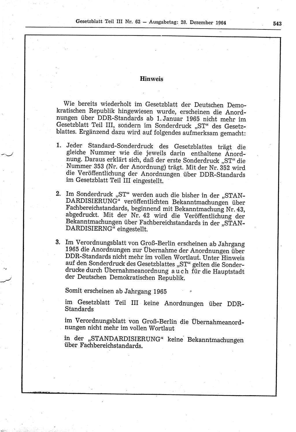 Gesetzblatt (GBl.) der Deutschen Demokratischen Republik (DDR) Teil ⅠⅠⅠ 1964, Seite 543 (GBl. DDR ⅠⅠⅠ 1964, S. 543)
