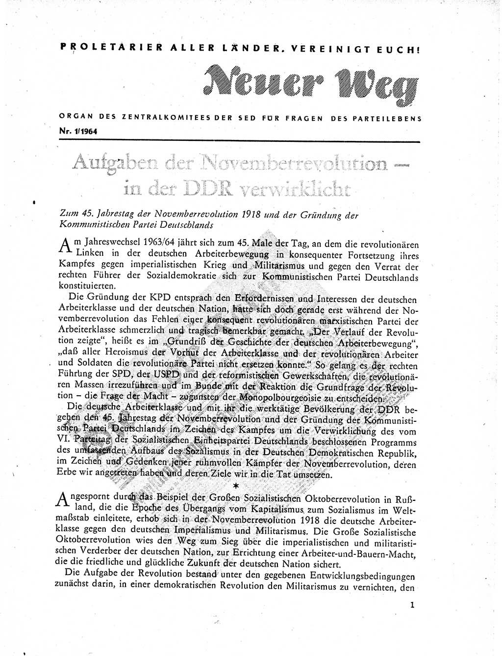 Neuer Weg (NW), Organ des Zentralkomitees (ZK) der SED (Sozialistische Einheitspartei Deutschlands) fÃ¼r Fragen des Parteilebens, 19. Jahrgang [Deutsche Demokratische Republik (DDR)] 1964, Seite 1 (NW ZK SED DDR 1964, S. 1)