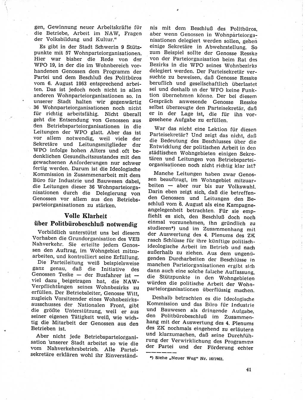 Neuer Weg (NW), Organ des Zentralkomitees (ZK) der SED (Sozialistische Einheitspartei Deutschlands) für Fragen des Parteilebens, 19. Jahrgang [Deutsche Demokratische Republik (DDR)] 1964, Seite 41 (NW ZK SED DDR 1964, S. 41)