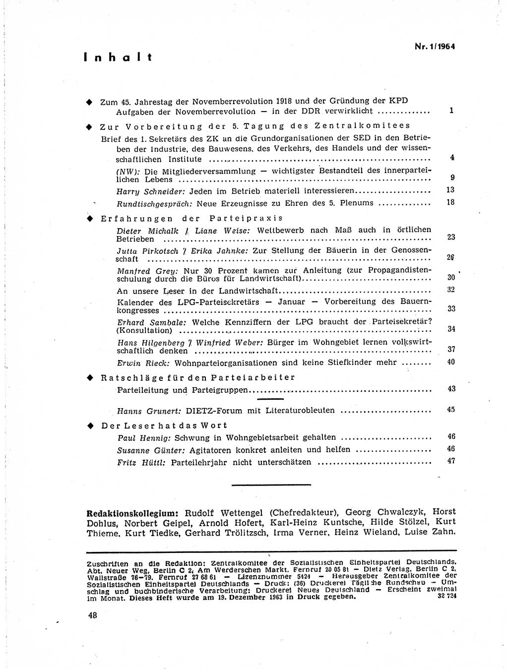 Neuer Weg (NW), Organ des Zentralkomitees (ZK) der SED (Sozialistische Einheitspartei Deutschlands) für Fragen des Parteilebens, 19. Jahrgang [Deutsche Demokratische Republik (DDR)] 1964, Seite 48 (NW ZK SED DDR 1964, S. 48)